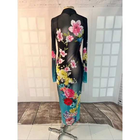AFRM Black Aqua Rose Nude Floral Mesh Turtleneck Shailene Maxi Dress Size Small - Picture 8 of 13